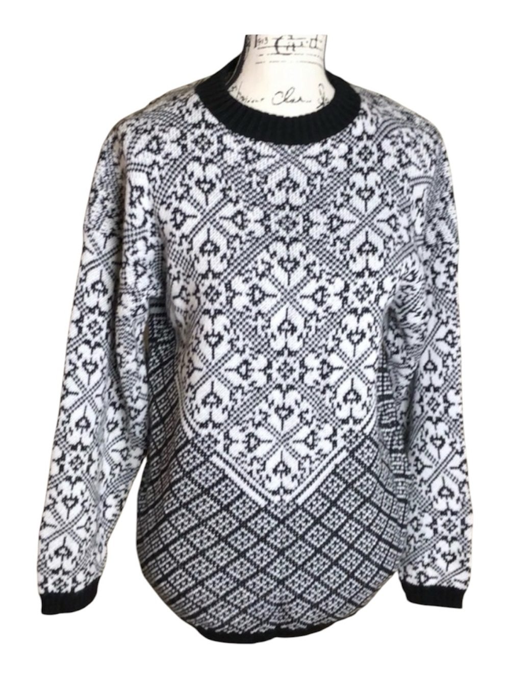 Black White Geometric Knit Sweater Crew Neck Long Sleeve Pullover Size S